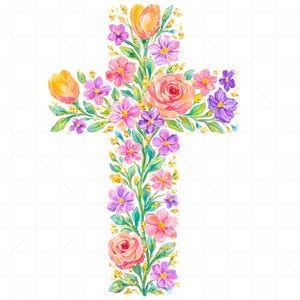 May include: Watercolor illustration of a cross shape, adorned with a variety of colorful flowers. The flowers include pink roses, purple and pink blossoms, and yellow tulips, with green leaves and gold accents.