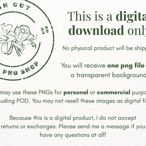 May include: A digital download advertisement with a green floral stamp and text. The stamp reads "FRESH CUT PNG SHOP" and features a floral design. The text states, "This is a digital download only" and provides usage details.