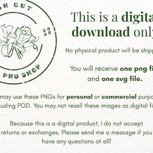 May include: A digital download notice featuring a circular green logo with a floral illustration and the text Fresh Cut PNG Shop. The text states this is a digital download only, including one PNG and one SVG file for personal or commercial use.