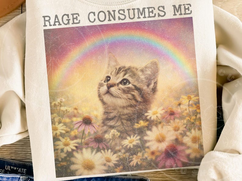May include: Cream-colored sweatshirt featuring a graphic of a kitten gazing upwards under a rainbow. The kitten is surrounded by flowers, with the text "RAGE CONSUMES ME" above the image. The design has a vintage, distressed look.