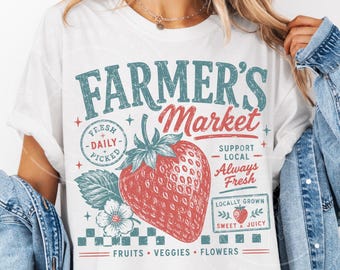 Farmer’s Market PNG, Retro Strawberry PNG, Vintage Fruit Shirt Design, Strawberry Sublimation Design, Cottagecore Summer PNG Download