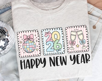 Happy New Year 2026 PNG | Pastel Disco Ball, Champagne Glasses, and Coquette Bow Clipart | Digital Download