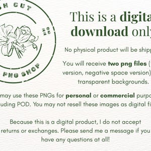 May include: A digital download notice featuring a dark green circular logo with a floral illustration and the text Fresh Cut PNG Shop. The text states: This is a digital download only. No physical product will be shipped. You will receive two png files.
