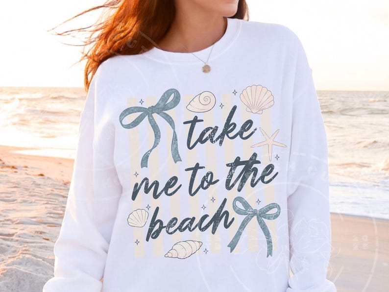 Take Me to the Beach PNG, Coastal Coquette Beach Shirt Design | Summer Bow and Seashell Graphic image 3