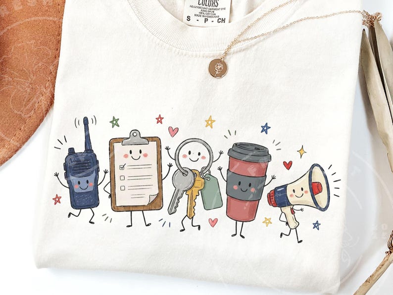 May include: A cream-colored t-shirt featuring a graphic print of five anthropomorphic characters: a dark blue walkie-talkie, a brown clipboard with a checklist, a silver key ring, a red coffee cup, and a white and blue megaphone, all with faces.