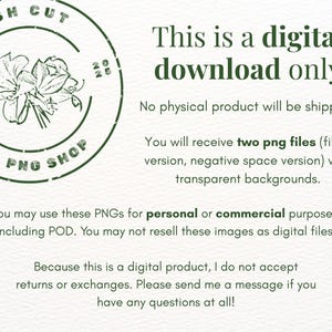 May include: Digital download graphic with a green floral stamp that reads "Fresh Cut PNG Shop." The text "This is a digital download only" is displayed. The image includes information about the digital product, including file types and usage.