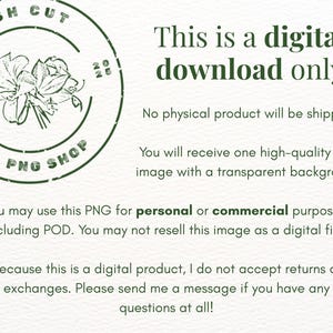 Pode incluir: Imagem de download digital com um design floral verde e texto. A imagem inclui o texto "FRESH CUT PNG SHOP" em um selo circular. O texto "This is a digital download only" tamb&eacute;m est&aacute; presente.