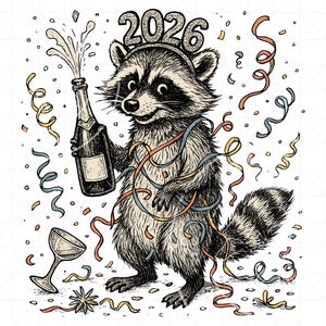 May include: A black and white illustration of a raccoon celebrating the new year. The raccoon wears a "2026" headband and holds a champagne bottle. Colourful confetti and streamers surround the raccoon and a champagne glass.