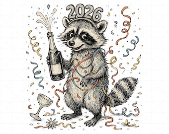 New Year’s Raccoon PNG | 2026 Funny New Years Eve Animal | Vintage Hand-Drawn Party Raccoon