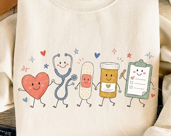 Nurse Doodle PNG, Colorful Nurse Characters, Nurse Life Sublimation, Heart Stethoscope Bandage Clipboard, LVN Shirt Design