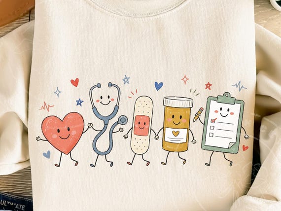 Nurse Doodle PNG, Colorful Nurse Characters, Nurse Life Sublimation, Heart Stethoscope Bandage Clipboard, LVN Shirt Design