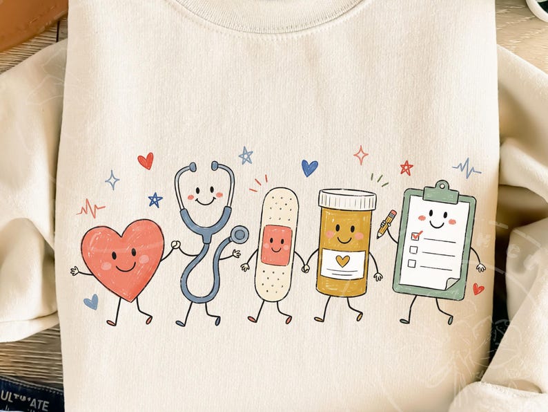 Nurse Doodle PNG, Colorful Nurse Characters, Nurse Life Sublimation, Heart Stethoscope Bandage Clipboard, LVN Shirt Design image 1