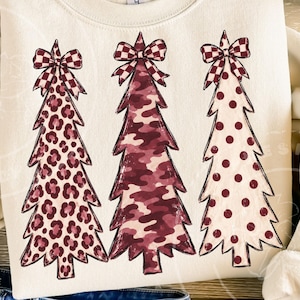 Burgundy Christmas Trees PNG | Leopard Camo Pattern Trees | Checkered Bow Sublimation | Holiday Shirt PNG | Trendy X-Mas Shirt Design