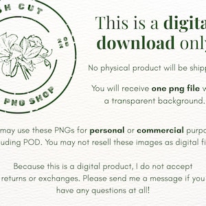 May include: A digital download advertisement with a green floral stamp that reads "Fresh Cut PNG Shop." The text states that it is a digital download only, with one PNG file with a transparent background. It can be used for personal or commercial purposes.