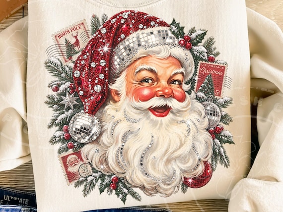 Vintage Santa PNG | Glam Rhinestone Santa PNG | Cute Retro Christmas PNG | Christmas Sublimation | Santa Shirt Design