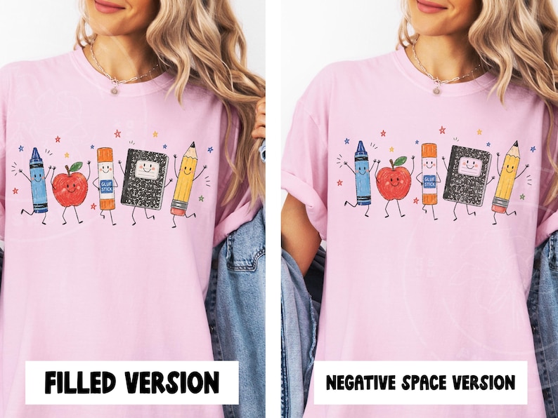 May include: Pale pink t-shirt with a cartoon design of school supplies: a crayon, apple, glue stick, notebook, and pencil, all with smiling faces. The design is decorated with stars. Text at the bottom reads "FILLED VERSION" and "NEGATIVE SPACE VERSION".
