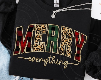 Merry Everything PNG | Plaid & Leopard Print Christmas Sublimation Design | Holiday Retro PNG for Shirts, Sweatshirts