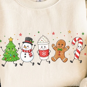 Julklotterkaraktär PNG, söt jul PNG, julgranssnögubbe pepparkaka PNG, grafik med högtidskaffe, jultröjadesign bild 1
