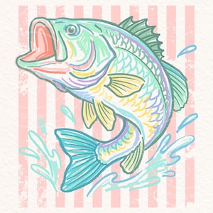 May include: A colorful illustration of a largemouth bass leaping out of water. The fish is depicted in shades of green, blue, yellow, and purple, with an open mouth and water splashes. The background features vertical pink stripes on a textured white surface.