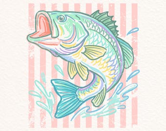 Retro Bass Fish PNG, Pastel Fishing Graphic, Preppy Coastal Lake Design, Summer Fishing Shirt Design, Sublimation PNG