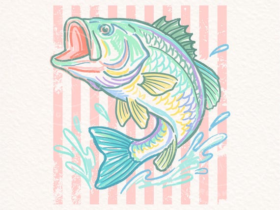Retro Bass Fish PNG, Pastel Fishing Graphic, Preppy Coastal Lake Design, Summer Fishing Shirt Design, Sublimation PNG