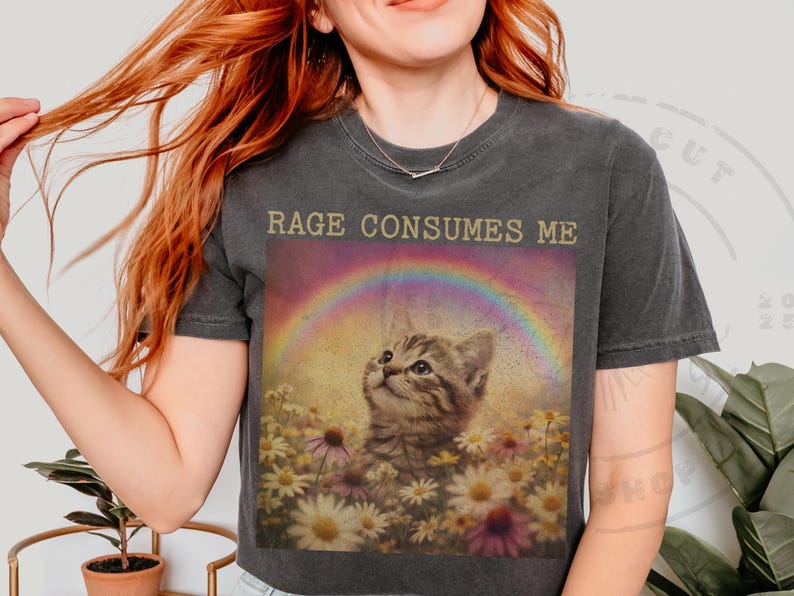 May include: Dark gray t-shirt featuring a graphic of a kitten in a field of flowers under a rainbow. The text "RAGE CONSUMES ME" is printed above the image. The shirt is a relaxed fit.