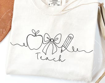 Teacher Line Art PNG | Apple Bow Pencil Design