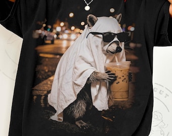 Ghost Raccoon PNG, Funny Feral Halloween Design, Spooky Iced Coffee Raccoon, Viral Style Sublimation, Negative Space PNG for Dark Shirts