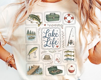 Lake Life PNG, Preppy Lake Vacation Shirt Design, Vintage Fishing PNG, Bass Fish Graphic, Summer Lake Girl Sublimation