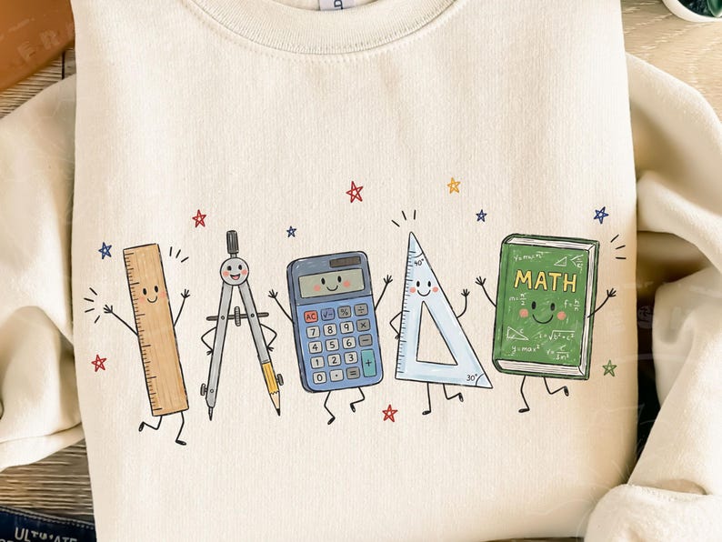 Puede incluir: Una sudadera de color crema con un estampado gr&aacute;fico de cinco &uacute;tiles escolares antropom&oacute;rficos: una regla marr&oacute;n, un comp&aacute;s plateado, una calculadora azul, una escuadra azul claro y un libro verde con la palabra MATH, rodeados de peque&ntilde;as estrellas.