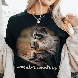 Può includere: T-shirt nera a maniche lunghe con un procione che indossa un maglione e tiene in mano una tazza, da cui esce vapore. La scritta "sweater weather" è scritta in bianco. Il procione è seduto su una panchina di legno.
