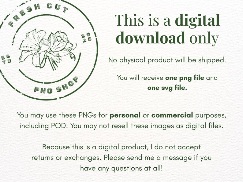 K&ouml;nnte beinhalten: Digitaler Download-Grafik mit dem Text: "Dies ist nur ein digitaler Download." Enth&auml;lt einen gr&uuml;nen runden Stempel mit floralem Design und dem Text "FRESH CUT PNG SHOP". Der Download beinhaltet eine PNG- und eine SVG-Datei.