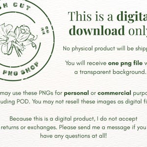 May include: A digital download advertisement with a green floral stamp that reads "Fresh Cut PNG Shop." The text states that it is a digital download only, with one PNG file with a transparent background. It can be used for personal or commercial purposes.
