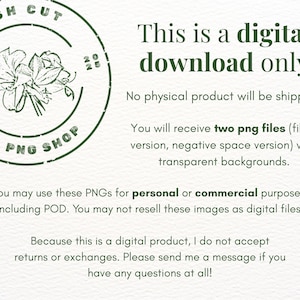 May include: Digital download graphic with a green floral stamp that reads "Fresh Cut PNG Shop." The text "This is a digital download only" is displayed. The image includes information about the digital product, including file types and usage.
