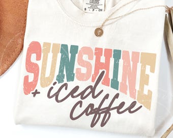 Sunshine & Iced Coffee PNG, Summer Coffee Shirt Design, Retro Summer Graphic, Iced Coffee Lover PNG, Trendy Summer Sublimation Download