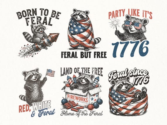 Patriotic Raccoon PNG Bundle | Set of 6 Funny 4th of July PNGs | Feral USA Designs | Independence Day Shirt Graphics