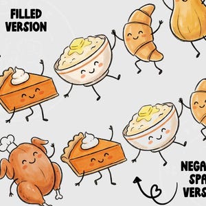 May include: A whimsical illustration featuring cartoon food characters. Includes a roasted turkey, pumpkin pie, mashed potatoes, croissants, and a squash, all with smiling faces and animated limbs. The text reads "FILLED VERSION" and "NEGATIVE SPACE VERSION".