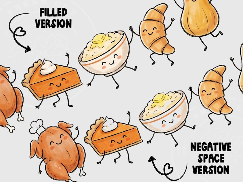 May include: A whimsical illustration featuring cartoon food characters. Includes a roasted turkey, pumpkin pie, mashed potatoes, croissants, and a squash, all with smiling faces and animated limbs. The text reads "FILLED VERSION" and "NEGATIVE SPACE VERSION".