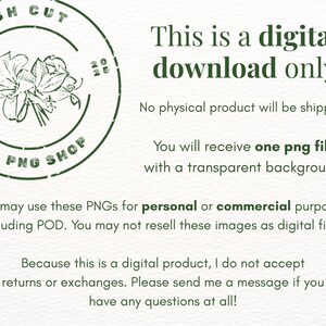May include: A digital download notice featuring a dark green circular logo with a floral illustration and the text FRESH CUT PNG SHOP. The text states: This is a digital download only. No physical product will be shipped. You will receive one png file with a transparent background. You may use these PNGs for personal or commercial purposes, including POD. You may not resell these images as digital files. Because this is a digital product, I do not accept returns or exchanges.