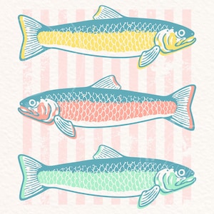 May include: Three stylized fish illustrations in shades of blue, yellow, and green. Each fish has a detailed scale pattern and is set against a background of pink and white vertical stripes. The artwork has a vintage, hand-drawn aesthetic.