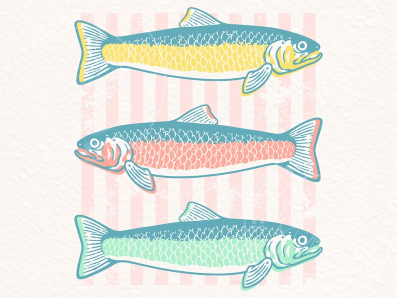 May include: Three stylized fish illustrations in shades of blue, yellow, and green. Each fish has a detailed scale pattern and is set against a background of pink and white vertical stripes. The artwork has a vintage, hand-drawn aesthetic.