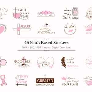 Faith Based Stickers Bundle | 45 Christian Quote Stickers | PNG & SVG PDF Files | 3 A4 Printable Sticker Sheets | Digital Download