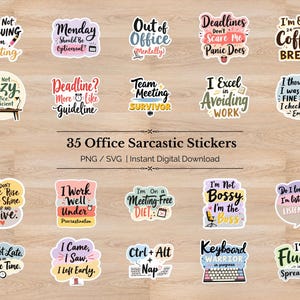 35 stickers sarcastiques pour le bureau | Lot de citations amusantes sur le travail | Stickers humoristiques pour le bureau | Fichiers PNG et SVG | Téléchargement numérique