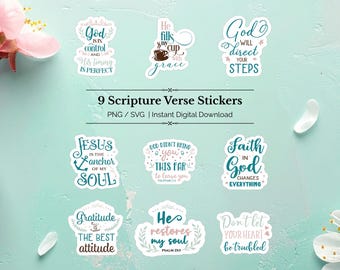 Scripture Verse Stickers Printable PDF | Christian Sticker Pack | 9 Bible Quotes | Individual PNG & SVG Files | Digital Download