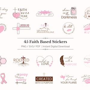 Pacote de Adesivos com Frases Cristãs | 45 Adesivos com Citações Cristãs | Arquivos PNG, SVG e PDF | 3 Folhas de Adesivos Imprimíveis em A4 | Download Digital