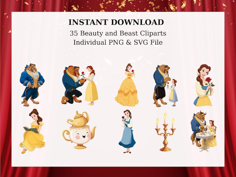 Beauty and the Beast Clipart Bundle | Belle, Beast & Enchanted Rose ...