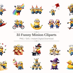 May include: A collection of 35 funny Minion cliparts in PNG and SVG formats. The images feature various Minions in different scenarios, such as riding a bike, skateboarding, and wearing costumes. The text "35 Funny Minion Cliparts" is displayed.