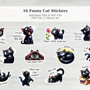 Funny Cat Sticker Bundle | 16 Cat Stickers with Hilarious Quotes | Printable Sticker Sheet PDF + Individual PNG and SVG Files