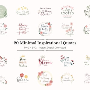 Può includere: Una collezione di 20 citazioni motivazionali minimaliste in formato PNG e SVG. Ogni citazione è presentata in un design circolare o floreale con vari font e colori, tra cui rosa, giallo e verde. Le citazioni includono frasi come "Choose calm in chaos" e "Stay real".
