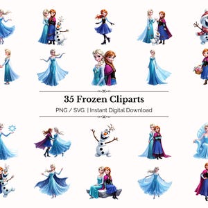 May include: A collection of 35 Frozen cliparts featuring characters Elsa, Anna, and Olaf. The illustrations showcase the characters in various poses, wearing blue, purple, and red dresses. The text "35 Frozen Cliparts" is displayed.